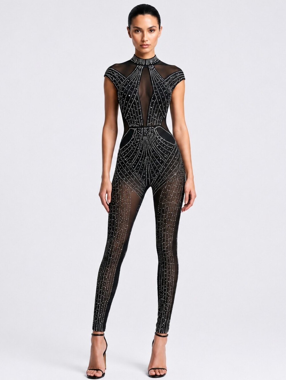 Fashion Nova Sheer Black Rhinestone Yara Bodysuit Size S Mesh Stretch Rave Bling - Picture 1 of 12